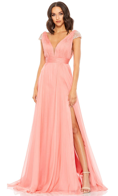 Mac Duggal - 67811M Plunging Neck Ruched Flowy Slit Dress In Pink