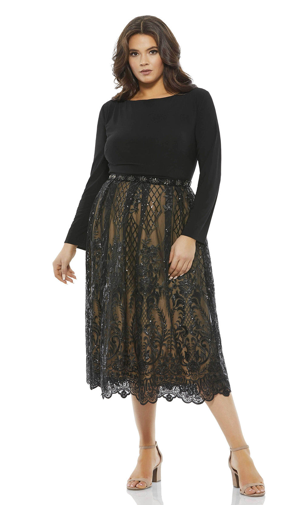 Mac Duggal - 67905 Plus Size Embroidered Midi Dress In Black