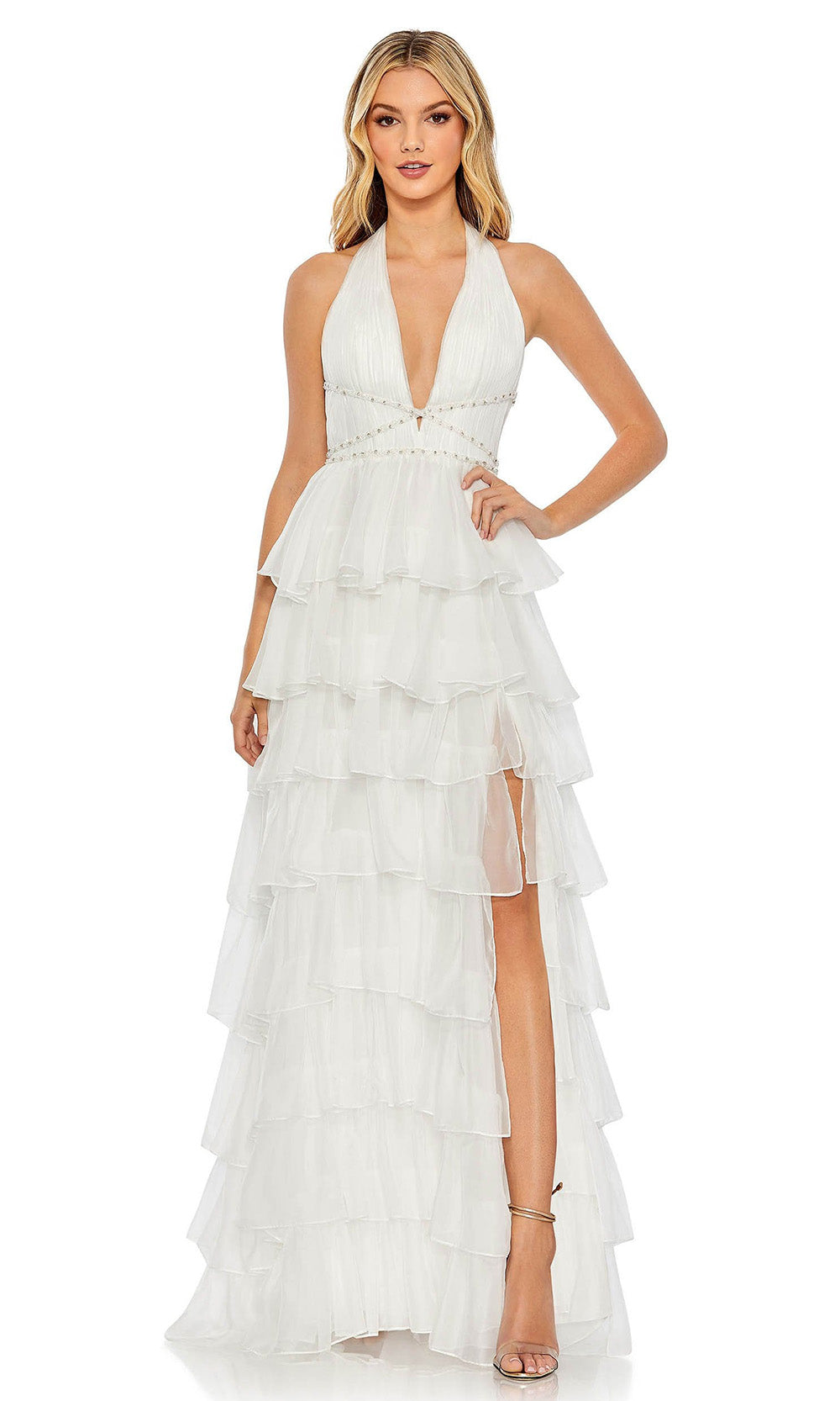 Mac Duggal - 68024 Ruffle Tiered High Slit Gown In White