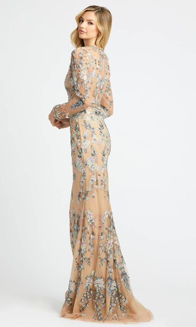 Mac Duggal - 79222D Floral Embroidered Long Sleeve Trumpet Dress In Neutral and Multi-Color