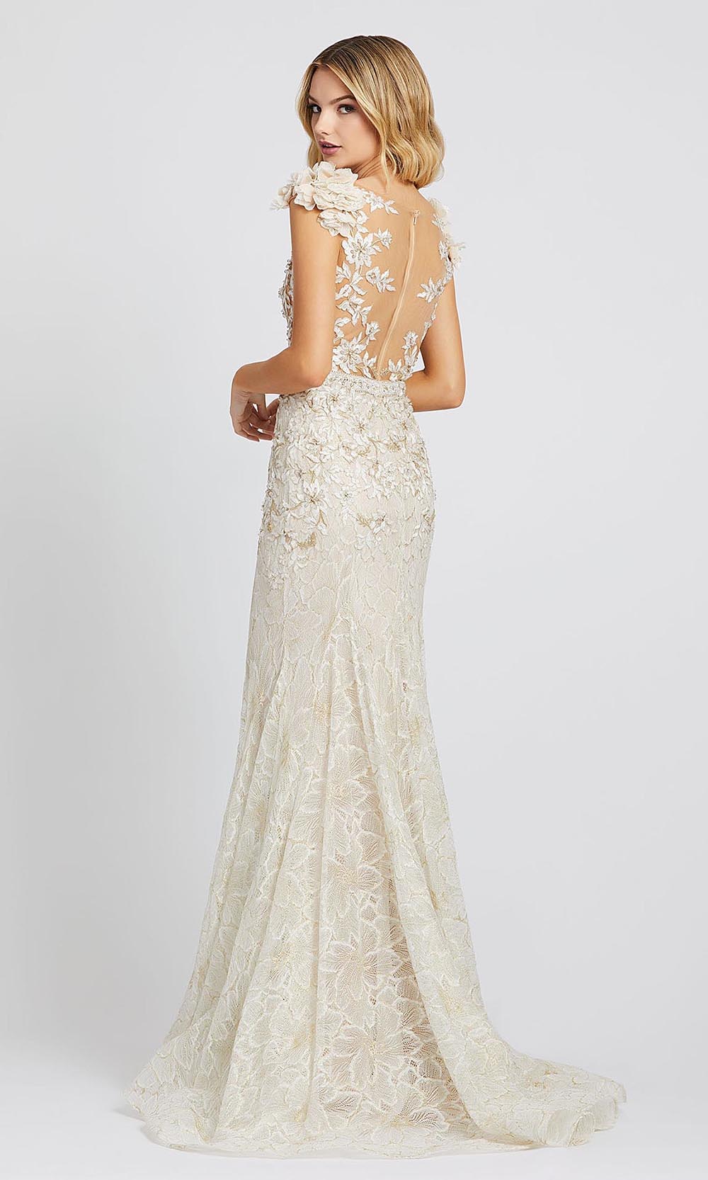 Mac Duggal - 79268D Cap Sleeve Floral Applique Lace Gown In White & Ivory