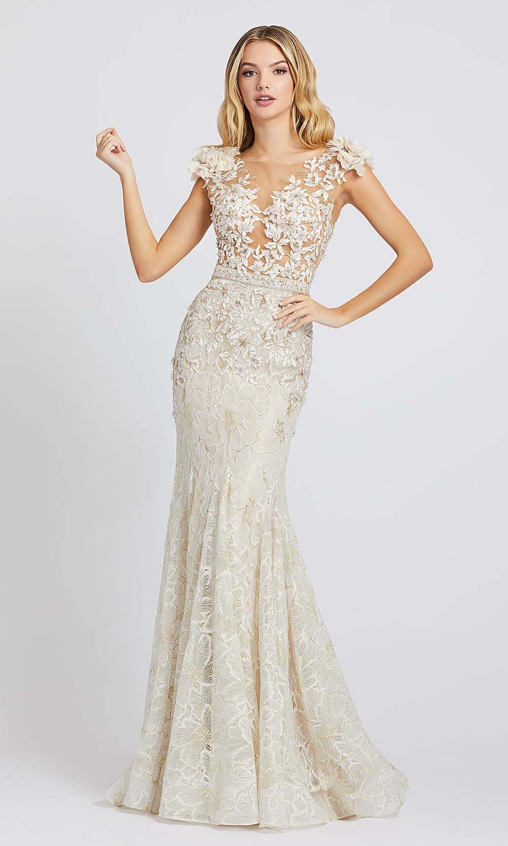 Mac Duggal - 79268D Cap Sleeve Floral Applique Lace Gown In White & Ivory