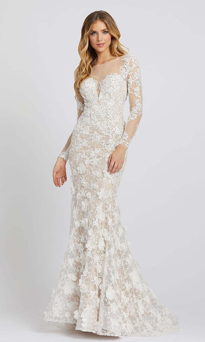 Mac Duggal - 79272D Long Sleeve Floral Applique Lace Mermaid Gown In White & Ivory