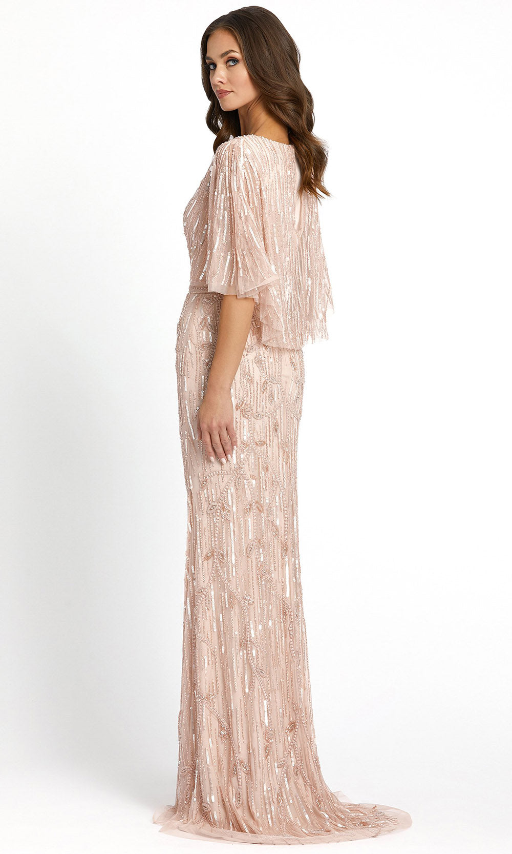 Mac Duggal - 9064D Sequined V Neck Long Sheath Dress In Pink