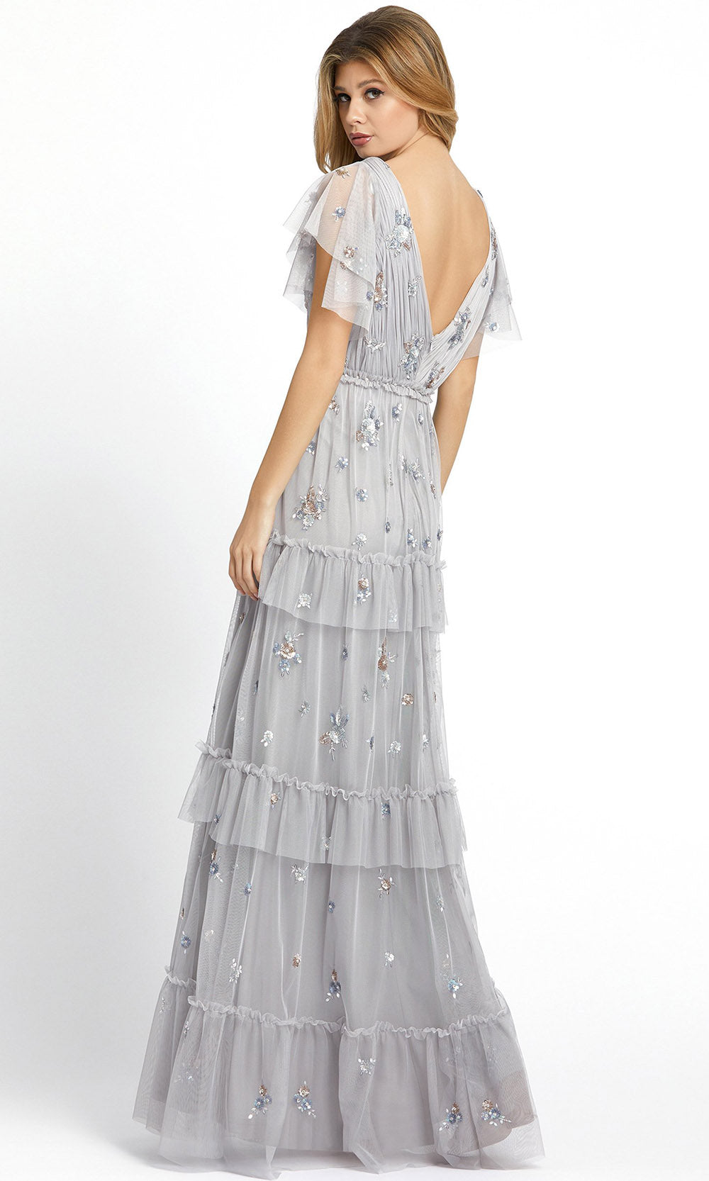 Mac Duggal - 9068D Embellished Plunging V Neck A-Line Gown In Silver