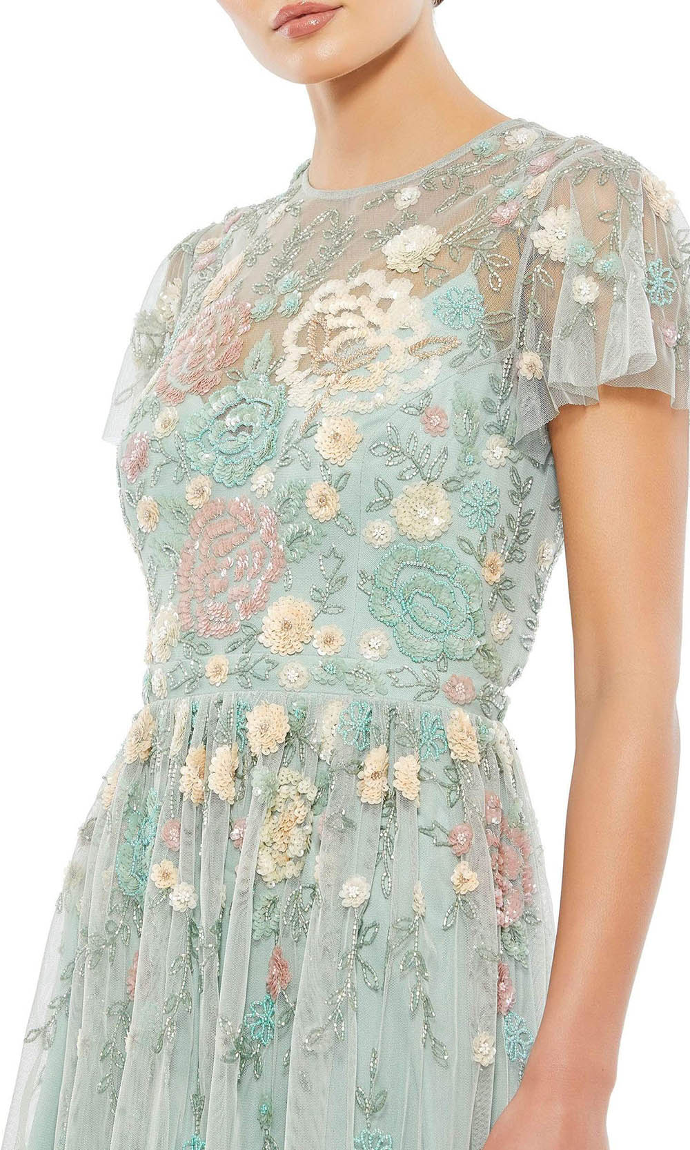 Mac Duggal - 9134 Short Sleeve Floral Embellished Dress In Green