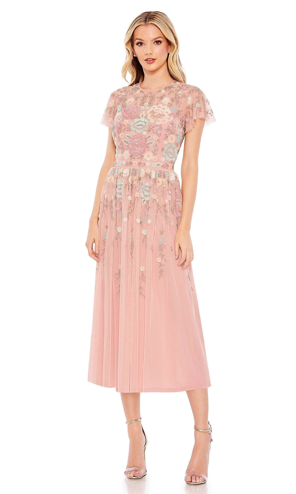 Mac Duggal - 9134 Short Sleeve Floral Embellished Dress In Pink