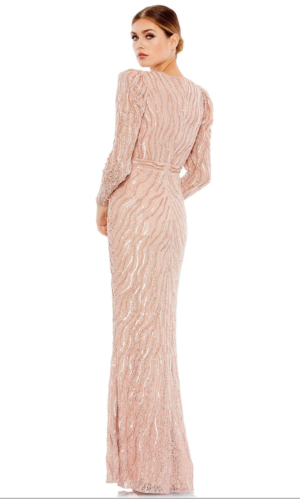 Mac Duggal - 93574D Long Sleeve Plunging Beaded Gown In Pink