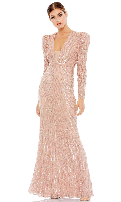 Mac Duggal - 93574D Long Sleeve Plunging Beaded Gown In Pink