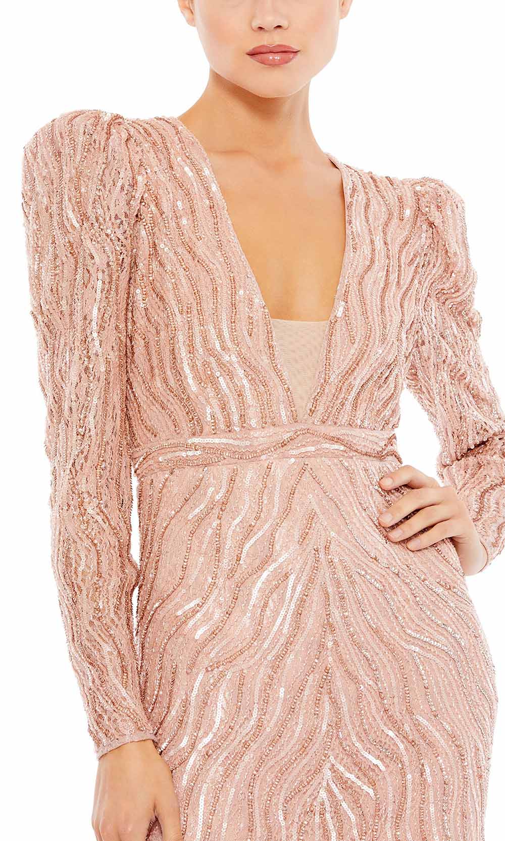 Mac Duggal - 93574D Long Sleeve Plunging Beaded Gown In Pink