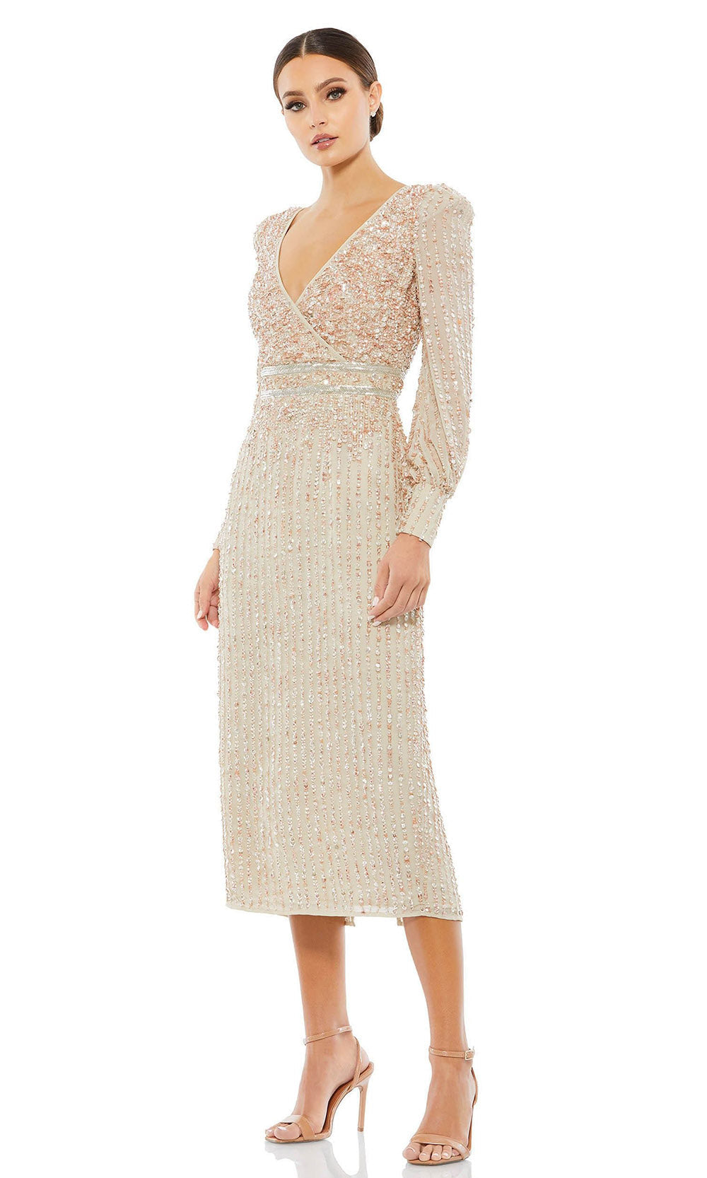 Mac Duggal - 93593 Sequin Wrap Styled Midi Dress In Neutral