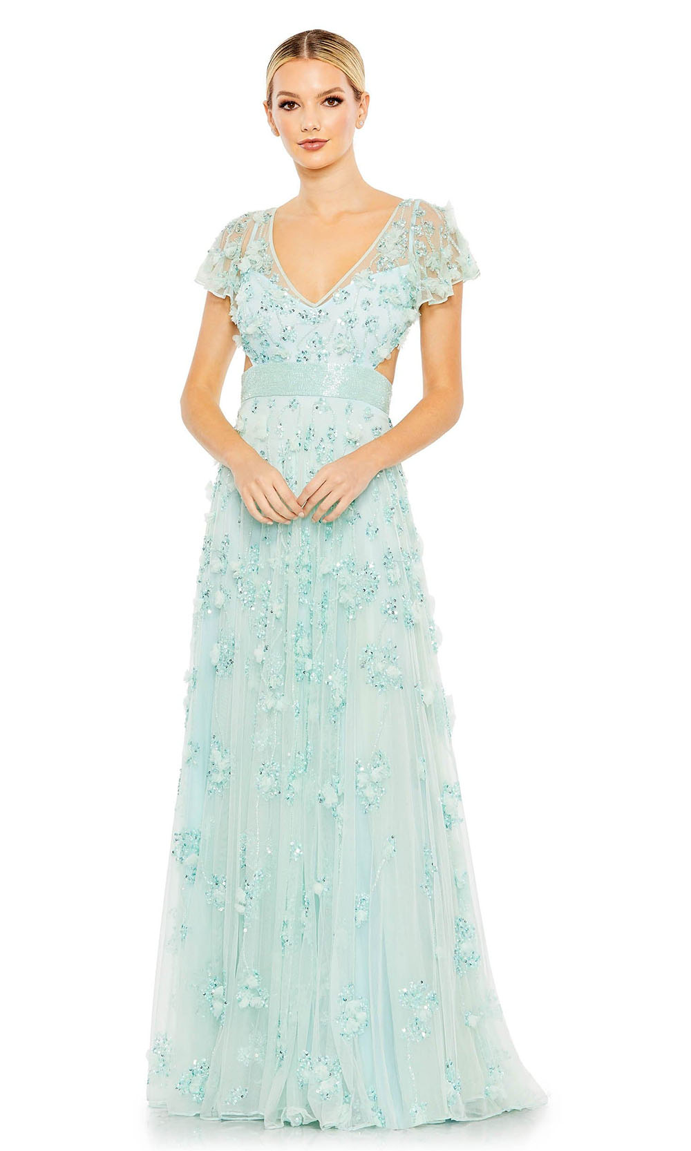 Mac Duggal - 93692 Short Sleeves Floral A-Line Dress In Blue