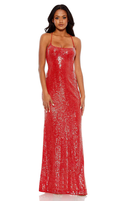 Mac Duggal - 93721 Scoop Neck Lace-Up Sequined Gown In Red