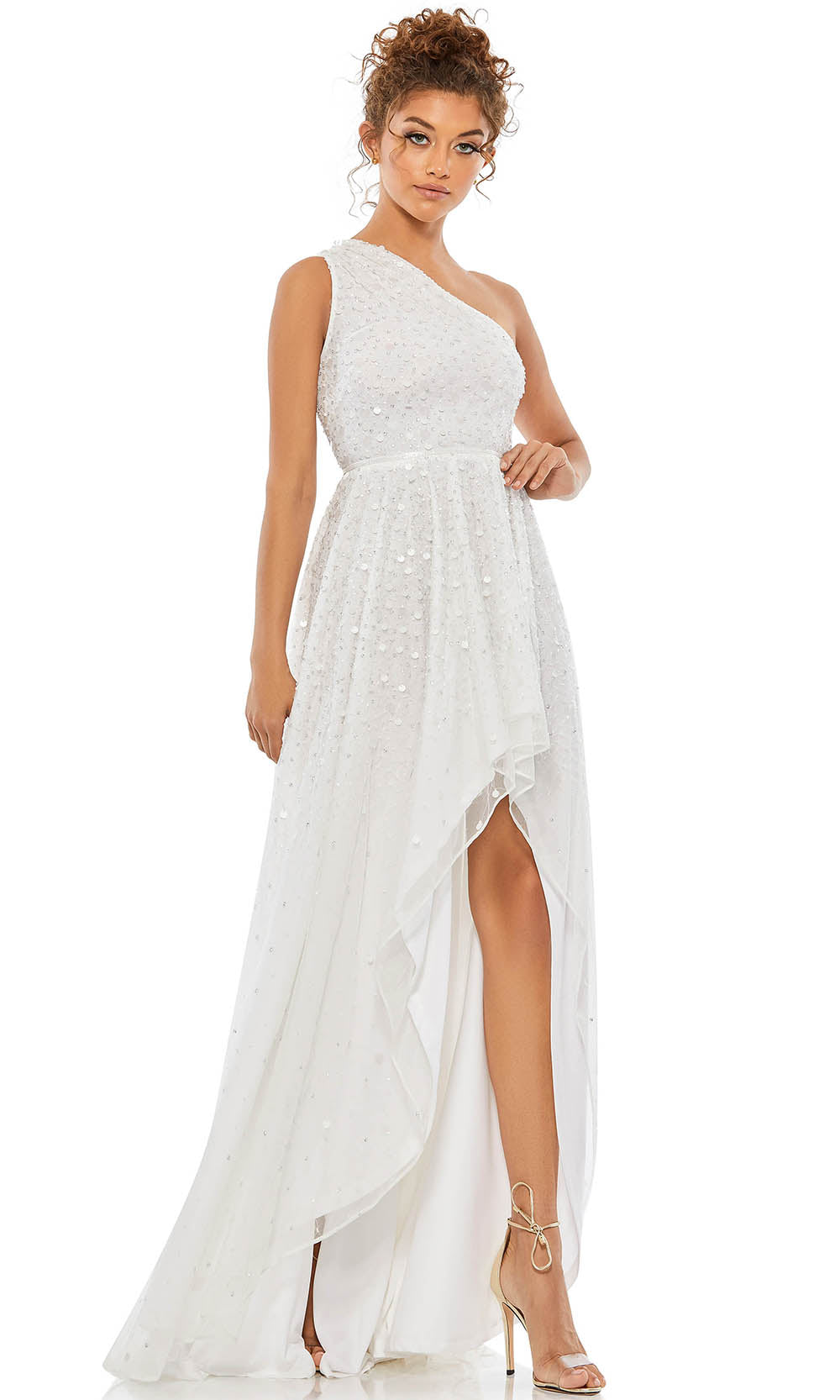 High low white store dress with sleeves