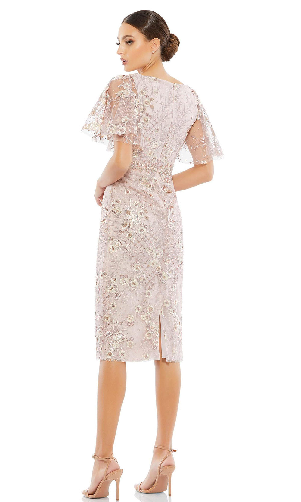 Mac Duggal Cocktail - 67909D Bell Sleeve Soft Floral Midi Dress In Pink and White