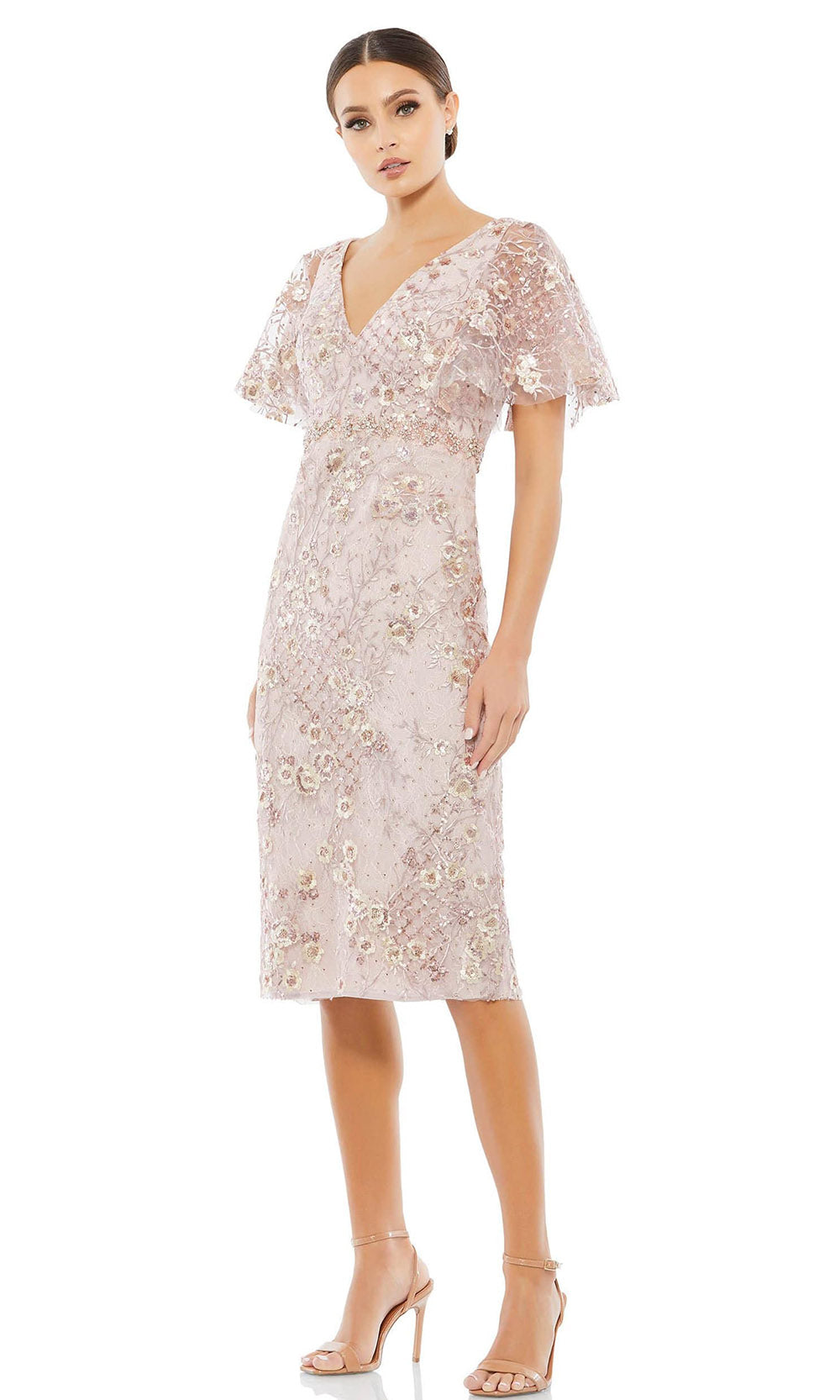 Mac Duggal Cocktail - 67909D Bell Sleeve Soft Floral Midi Dress In Pink and White