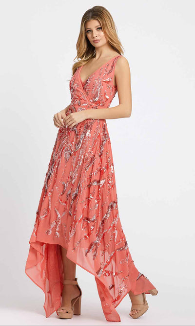 Mac Duggal Evening - 10524D Sequined Plunging V Neck A-Line Dress in Coral and Orange