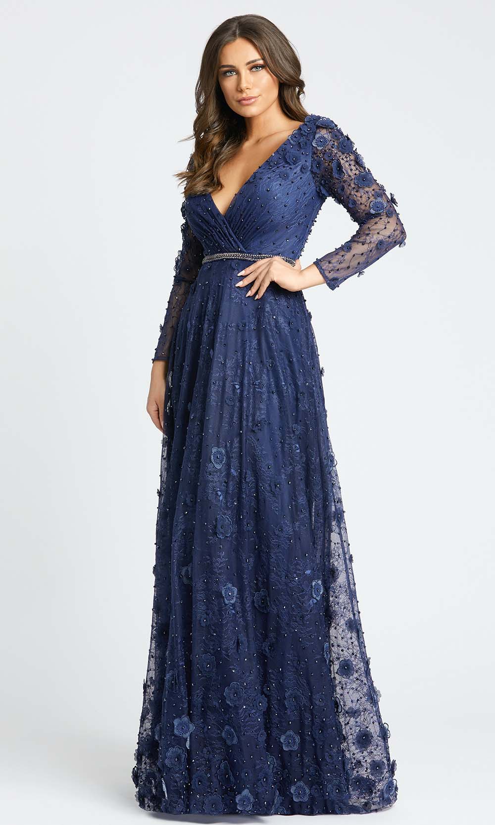 Mac Duggal Evening - 67503D Long Sleeve V-Neck Floral Accent Lace Gown in Blue