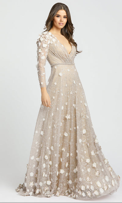 Mac Duggal Evening - 67503D Long Sleeve V-Neck Floral Accent Lace Gown in Neutral