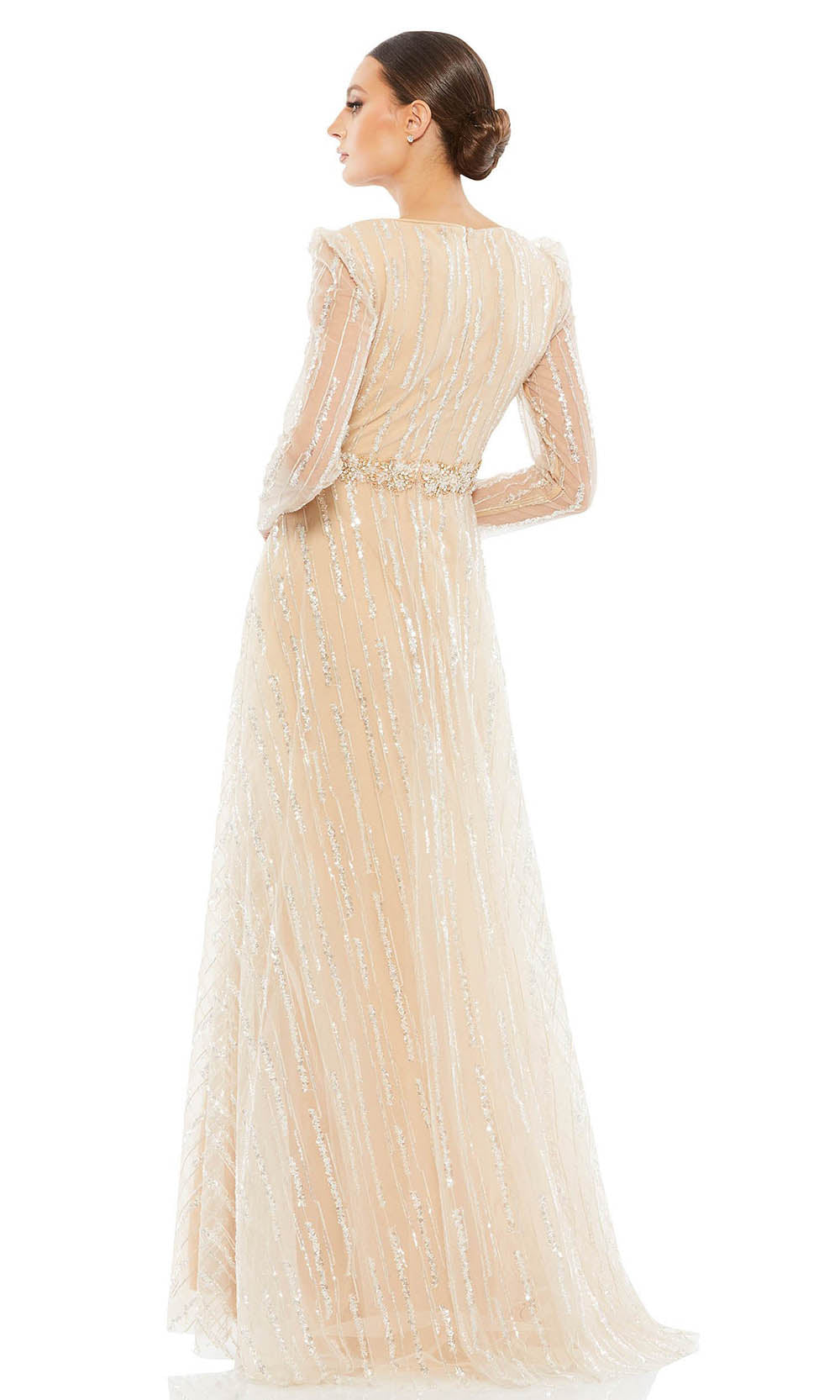 Mac Duggal Evening - 67859D Sheer Embellished Waist Dress In Champagne & Gold