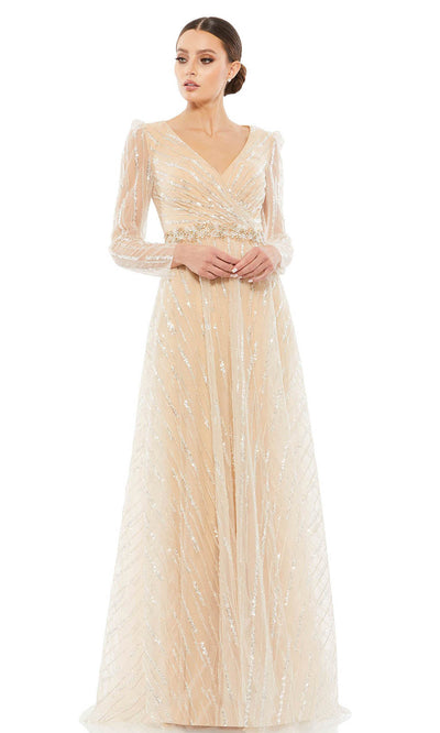 Mac Duggal Evening - 67859D Sheer Embellished Waist Dress In Champagne & Gold