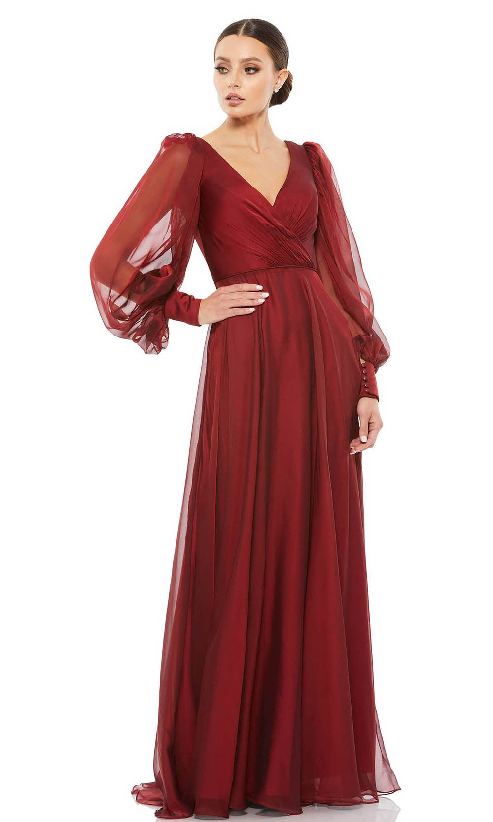 Mac Duggal Evening - 67873D Sheer Bishop Sleeve A-Line Enchanting Gown In Red