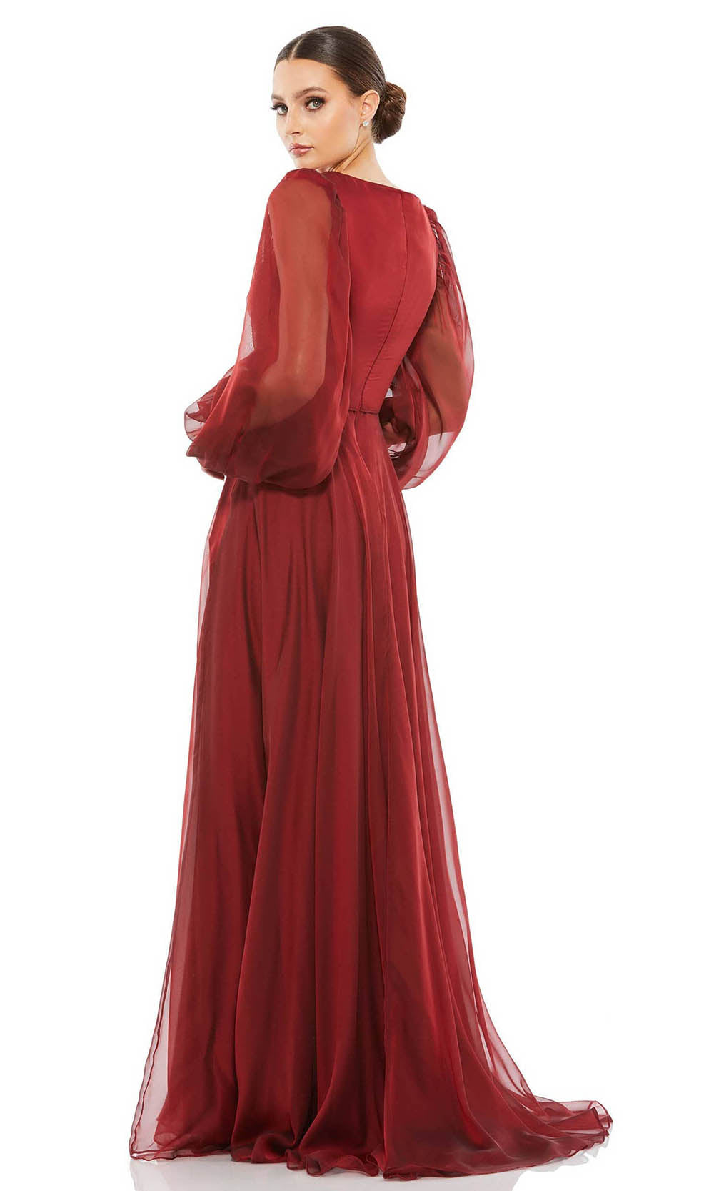 Mac Duggal Evening - 67873D Sheer Bishop Sleeve A-Line Enchanting Gown In Red