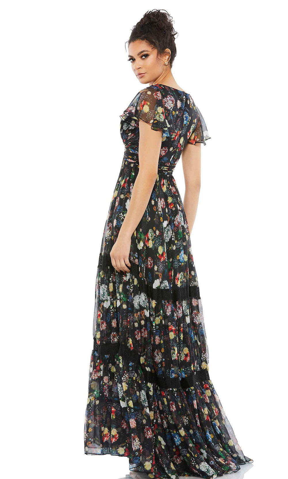 Mac Duggal Evening - 67934D V Neck Ruched Empire Flowy Dress In Black and Multi