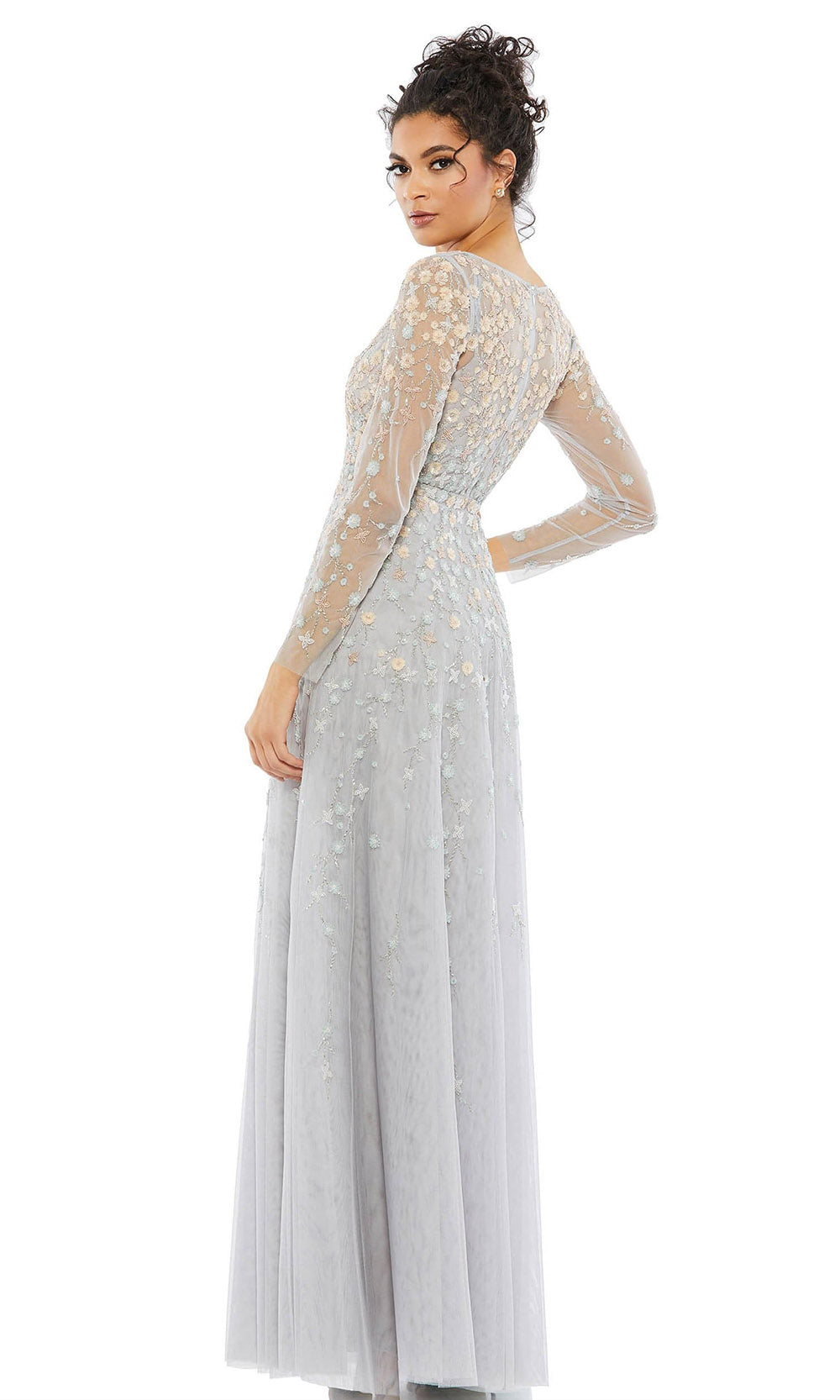 Mac Duggal Evening - 9131D Sheer Long Sequin Floral A-Line Dress In Gray