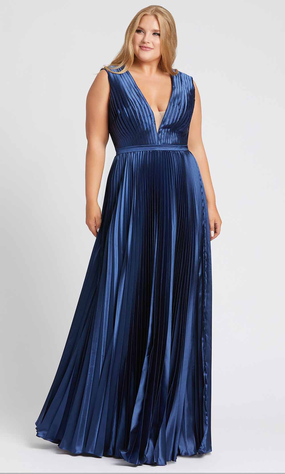 Mac Duggal Fabulouss - 49046F Plunging V Neck Pleated A-Line Gown in Blue