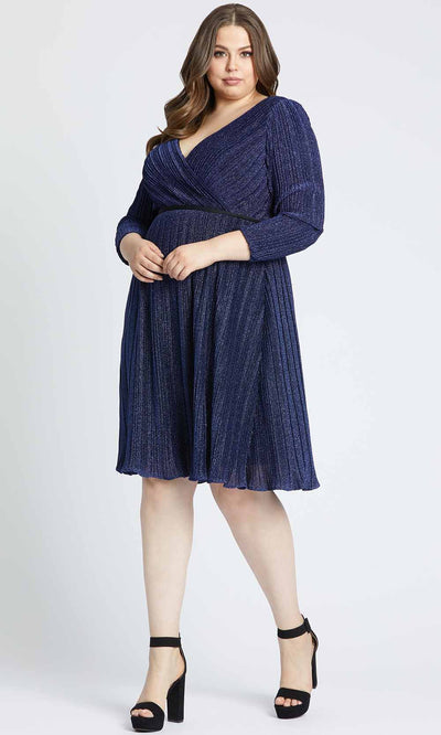 Mac Duggal Fabulouss - 49228F Long Sleeve V Neck Knee Length Dress in Blue