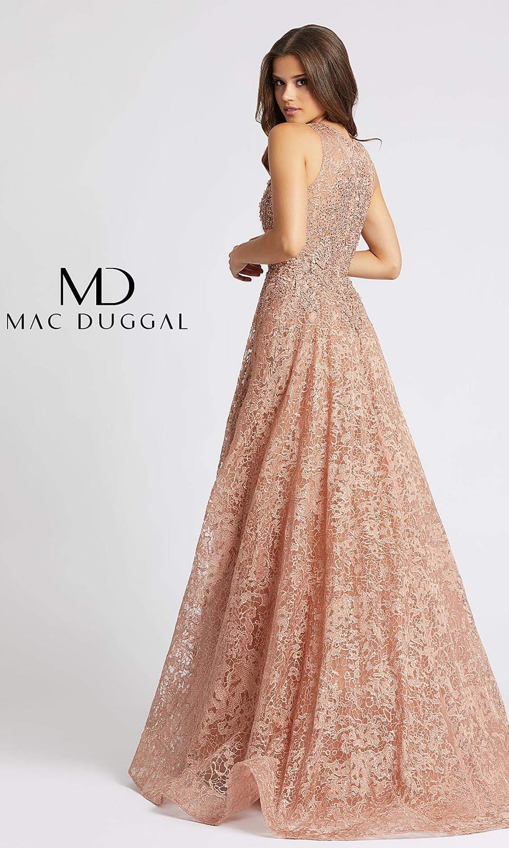 MacDuggal 20112D full length rose gold lace high neck gown w/ overlay skirt. Fitted modest dress is perfect for muslim wedding, indowestern gown, engagement dress, wedding reception dress, gala. Long light gold evening gown comes in plus sizes-b