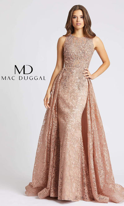 MacDuggal 20112D full length rose gold lace high neck gown w/ overlay skirt. Fitted modest dress is perfect for muslim wedding, indowestern gown, engagement dress, wedding reception dress, gala. Long light gold evening gown comes in plus sizes