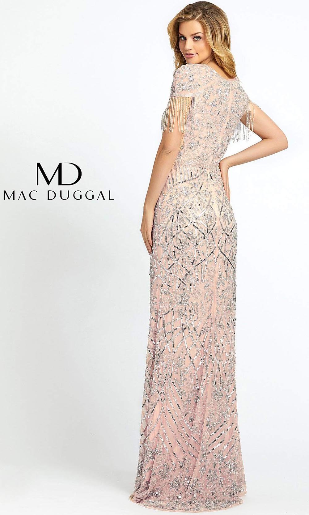 MacDuggal 4715 full length light beige evening sequin dress with high neck and cap sleeves.Back of long light gold beaded dress is perfect for engagment dress, prom formal party, gala, reception dress. Light pink beaded gown is available in plus sizes