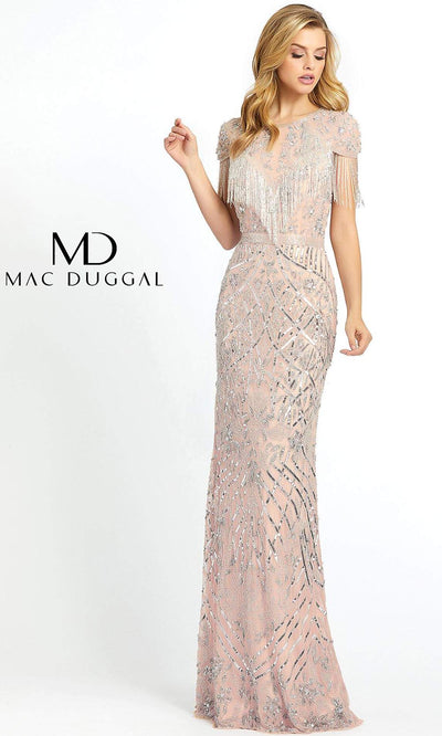 MacDuggal 4715 full length light beige evening sequin dress with high neck and cap sleeves. This long light gold beaded dress is perfect for engagment dress, prom formal party, gala, reception dress. Light pink beaded gown is available in plus sizes