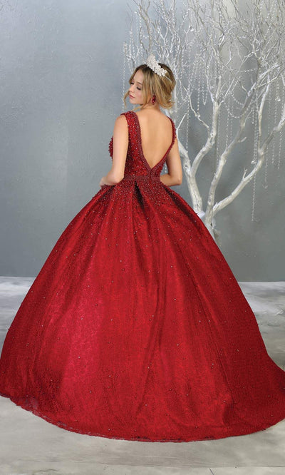 Mayqueen LK112 burgundy red quinceanera ball gown w/ wide straps & pearls. This dark red ball gown is perfect for engagement dress, wedding reception, indowestern party gown, sweet 16, debut, sweet 15, sweet 18.Plus sizes available for red ballgowns-b