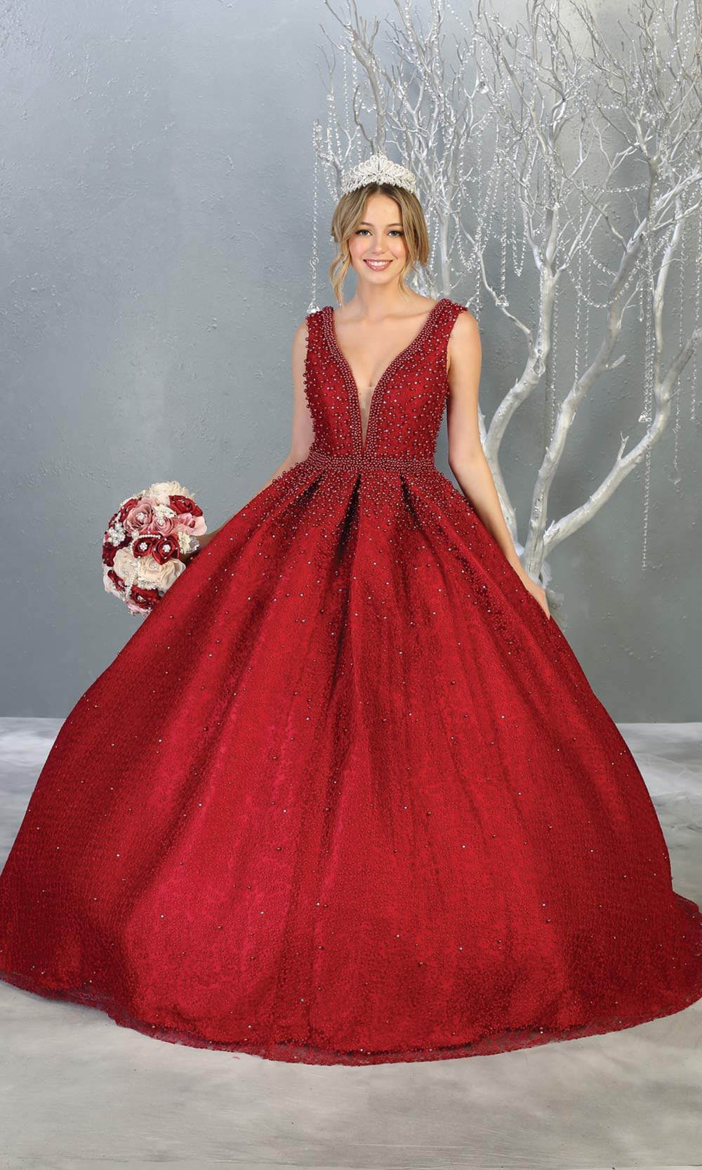 Mayqueen LK112 burgundy red quinceanera ball gown w/ wide straps & pearls. This dark red ball gown is perfect for engagement dress, wedding reception, indowestern party gown, sweet 16, debut, sweet 15, sweet 18. Plus sizes available for red ballgowns.jpg