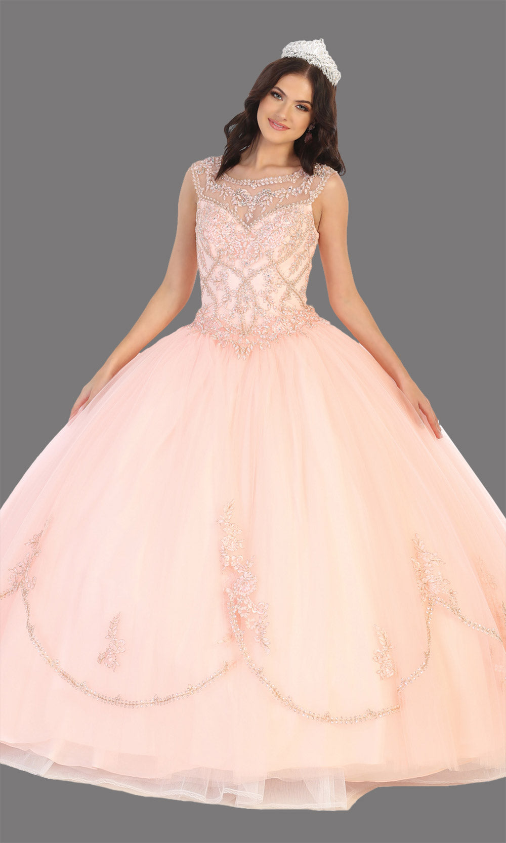Mayqueen LK130 blush pink quinceanera high neck ball gown w/gold sequin detail. Light pink ball gown is perfect for engagement dress, wedding reception, indowestern party gown, sweet 16, debut, sweet 15, sweet 18. Plus sizes available for ballgowns.jpg