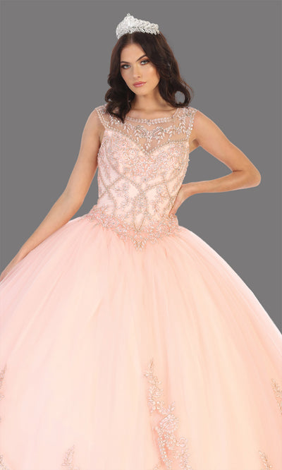 Mayqueen LK130 blush pink quinceanera high neck ball gown w/gold sequin detail. Light pink ball gown is perfect for engagement dress, wedding reception, indowestern party gown, sweet 16, debut, sweet 15, sweet 18. Plus sizes available for ballgowns-c.jpg
