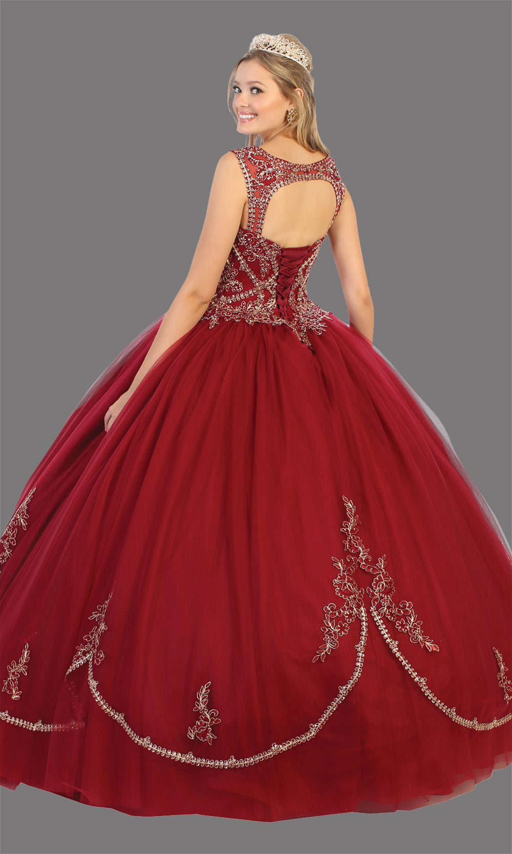 Mayqueen LK130 burgundy red quinceanera high neck ball gown w/gold sequin detail. Dark red ball gown is perfect for engagement dress, wedding reception, indowestern party gown, sweet 16, debut, sweet 15, sweet 18. Plus sizes available for ballgowns-b.jpg