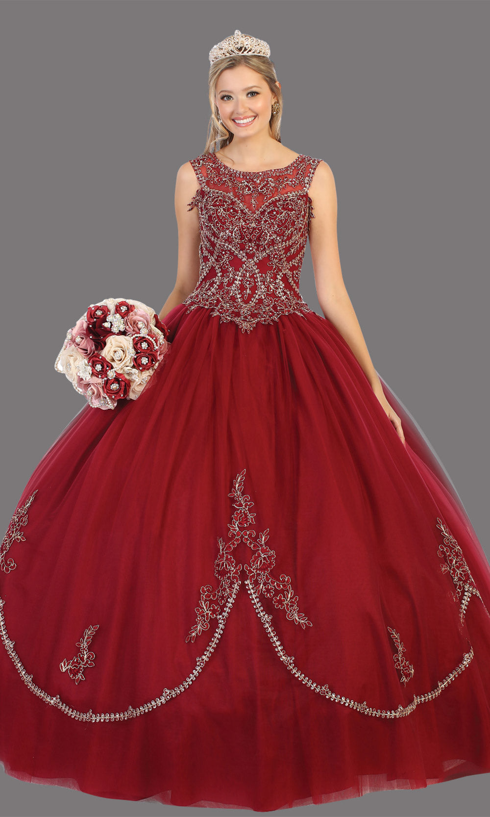 Mayqueen LK130 burgundy red quinceanera high neck ball gown w/sequin detail. Dark red ball gown is perfect for engagement dress, wedding reception, indowestern party gown, sweet 16, debut, sweet 15, sweet 18. Plus sizes available for ballgowns.jpg