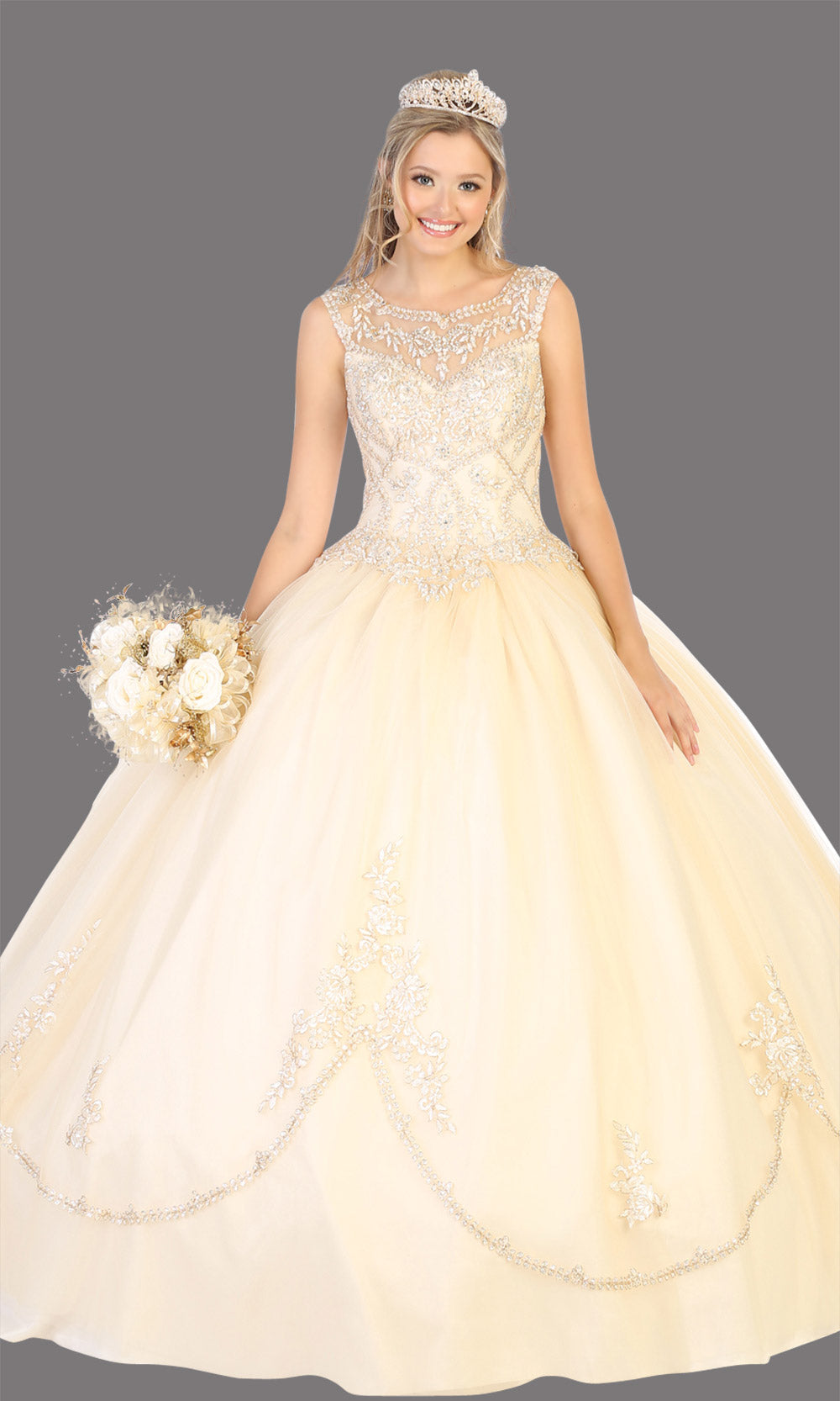 Mayqueen LK130 champagne gold quinceanera high neck ball gown w/sequin detail. Light gold ball gown is perfect for engagement dress, wedding reception, indowestern party gown, sweet 16, debut, sweet 15, sweet 18. Plus sizes available for ballgowns.jpg