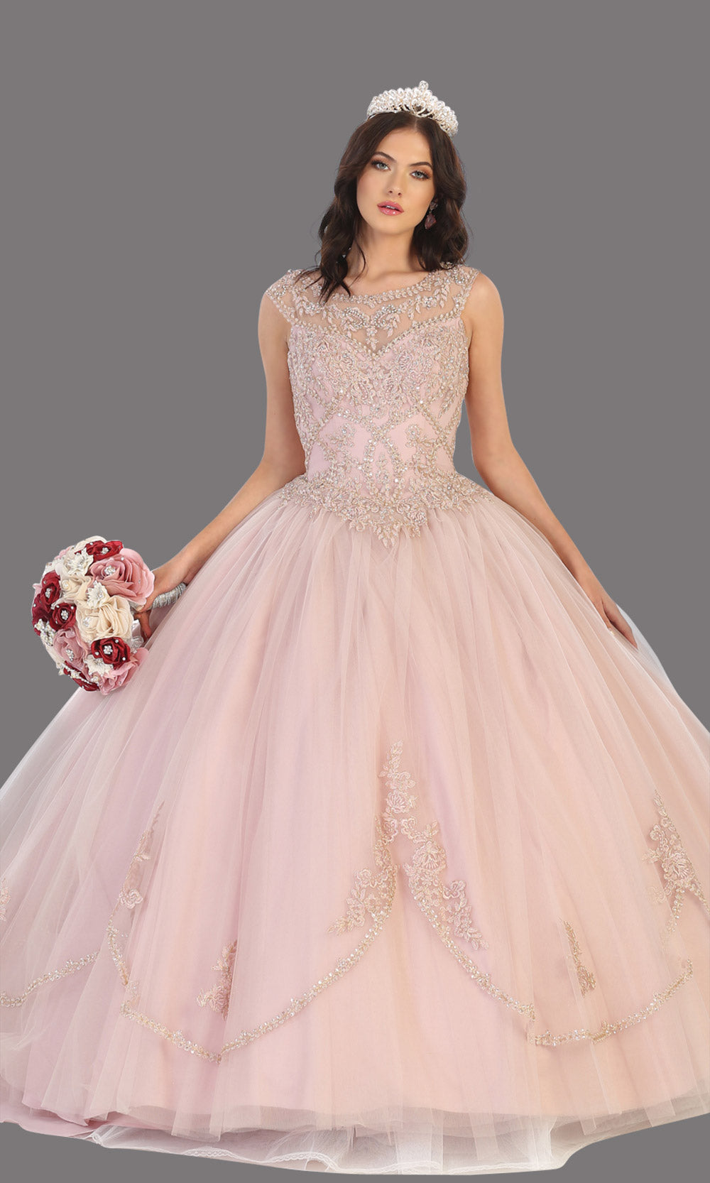 Mayqueen LK130 mauve quinceanera high neck ball gown w/sequin detail. Dusty rose ball gown is perfect for engagement dress, wedding reception, indowestern party gown, sweet 16, debut, sweet 15, sweet 18. Plus sizes available for ballgowns.jpg