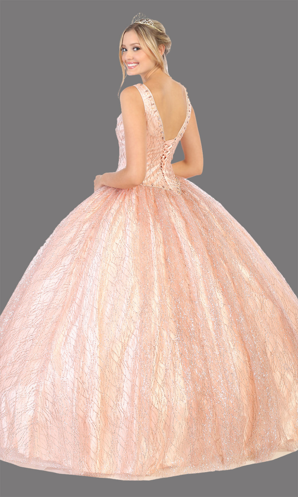 Mayqueen LK134 rose gold quinceanera v neck ball gown w/sequin detail. Rose gold ball gown is perfect for engagement dress, wedding reception, indowestern party gown, sweet 16, debut, sweet 15, sweet 18. Plus sizes available for ballgowns-b.jpg