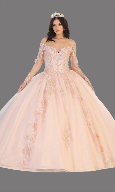 Mayqueen LK135 blush pink quinceanera off shoulder & long sleeves ball gown. Rose gold sequin ball gown is perfect for engagement dress, wedding reception, indowestern party gown, sweet 16, debut, sweet 15, sweet 18. Plus sizes available for ballgowns.jpg