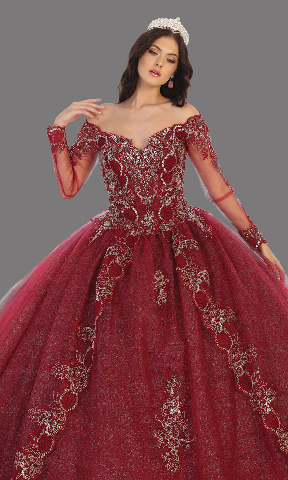 Mayqueen LK135 burgundy quinceanera off shoulder & long sleeves ball gown. Dark red sequin ball gown is perfect for engagement dress, wedding reception, indowestern party gown, sweet 16, debut, sweet 15, sweet 18. Plus sizes available for ballgowns-cu.jpg