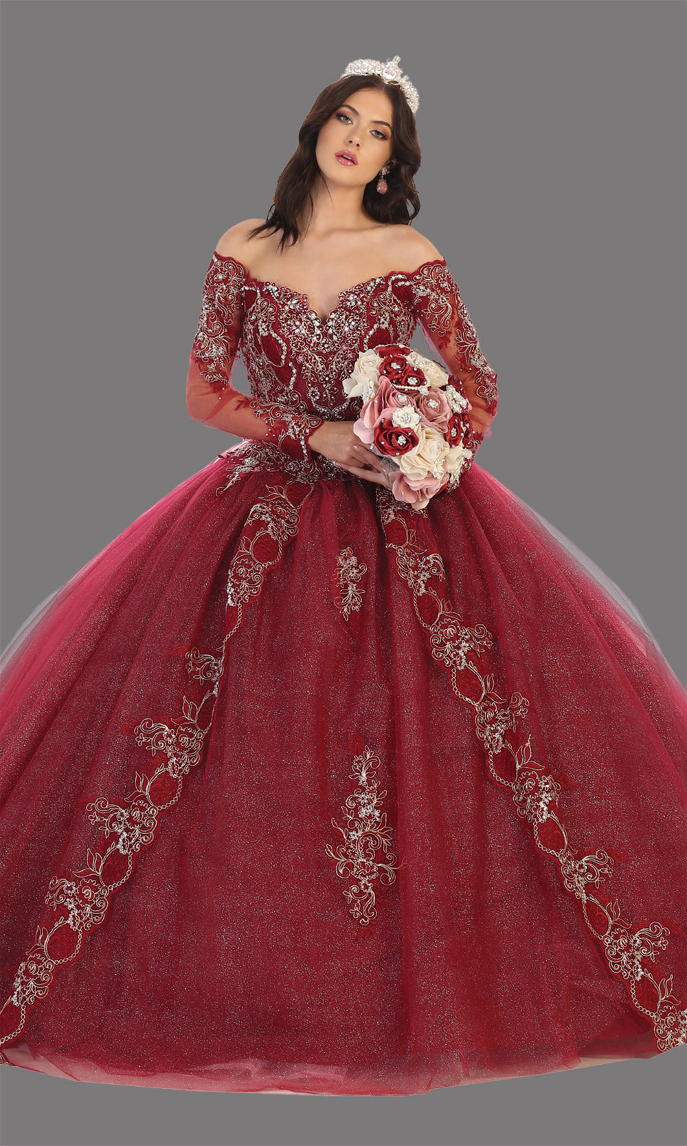 Mayqueen LK135 burgundy quinceanera off shoulder & long sleeves ball gown. Dark red sequin ball gown is perfect for engagement dress, wedding reception, indowestern party gown, sweet 16, debut, sweet 15, sweet 18. Plus sizes available for ballgowns.jpg