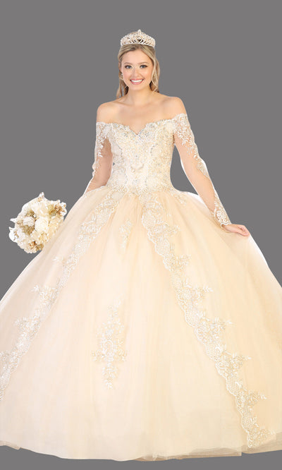 Mayqueen LK135 champagne quinceanera off shoulder & long sleeves ball gown. Light gold sequin ball gown is perfect for engagement dress, wedding reception, indowestern party gown, sweet 16, debut, sweet 15, sweet 18. Plus sizes available for ballgowns.jpg