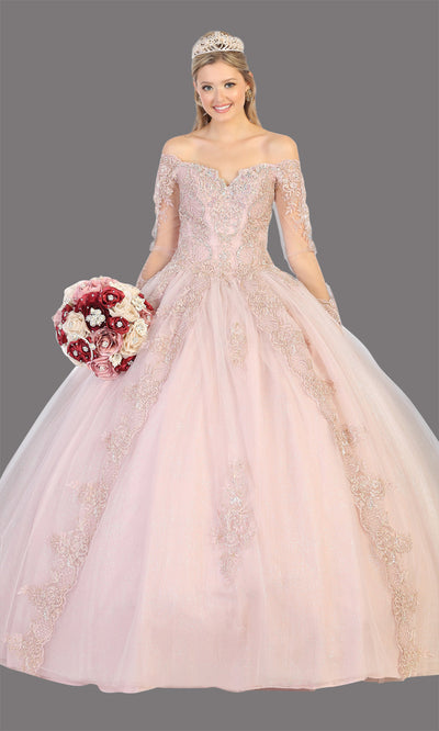 Mayqueen LK135 mauve quinceanera off shoulder & long sleeves ball gown. Dusty rose sequin ball gown is perfect for engagement dress, wedding reception, indowestern party gown, sweet 16, debut, sweet 15, sweet 18. Plus sizes available for ballgowns.jpg