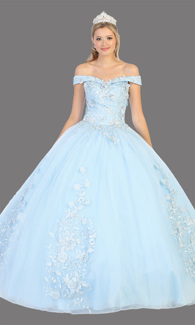 Mayqueen LK136 baby blue quinceanera off shoulder ball gown. Light blue sequin ball gown is perfect for engagement dress, wedding reception, indowestern party gown, sweet 16, debut, sweet 15, sweet 18. Plus sizes available for ballgowns.jpg